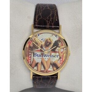 Men's VTG Budweiser King of Beers Dial Gold Tone Brown Leather Strap Watch 10